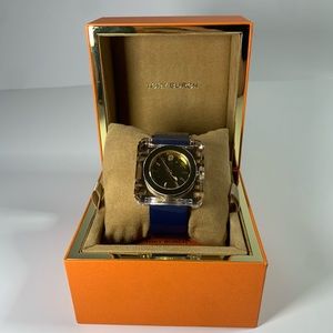 NIB Tory Burch Blue and Gold Square Face Watch Leather TRB3004 Read Description